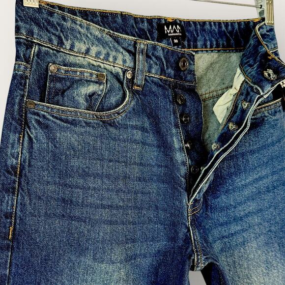 boohooMAN Relaxed Rigid Rip Blue Jeans Men Size 30 Tall New Button Fly Zip Hem - Picture 7 of 14